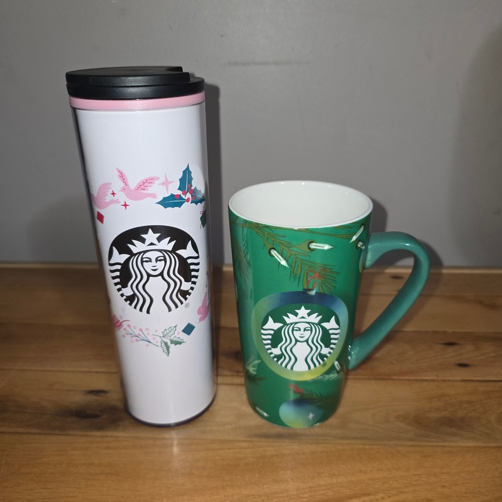 Starbucks Holiday 2020 Green Ceramic Mug & Pink Bird Holly Travel Tumbler 16oz